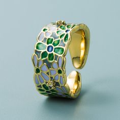 Color: Blue and White Porcelain, Yellow Flower, Green Flower, Butterfly Size: Adjustable Opening Style: Natural Botanical Ring, Chunky Rings, Leaf Ring, Flower Plates, Enamel Ring, Wide Band Rings, Green Flower, Enamel Flower, Vintage Band