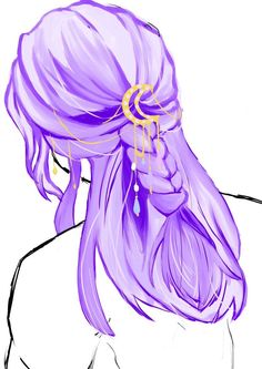 a drawing of a woman with long purple hair and braids on her head, looking to the side