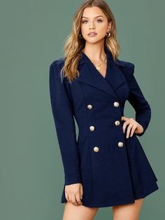 Notch Collar Double Breasted Blazer Dress | EMERY ROSE Double Breasted Blazer Dress, Double Blazer, Blue Blazer Dress, Black Blazer Dress, Royal Blue Blazers, Outfit Elegantes, Dress Blazer, Striped Tunic Dress, Sequin Blazer