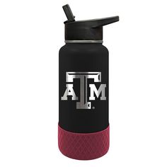 a black and red water bottle with the texas a & m logo on it's side