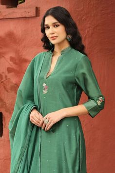 Buy Green Chanderi Silk Placement Embroidery Floral Mandarin Flower Kurta Pant Set For Women by Weaver Story Online at Aza Fashions. Placement Embroidery, Kurta Pant Set, Hand Work Embroidery, Pant Set For Women, Straight Kurta, Embroidery Floral, Kurta With Pants, Pants Pattern, Pant Set