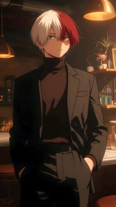 an anime character with red hair standing in front of a bar and looking at the camera