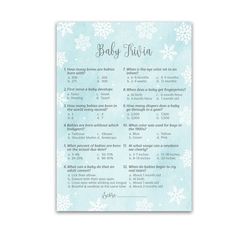 a baby shower game with snowflakes on the back and words in white ink