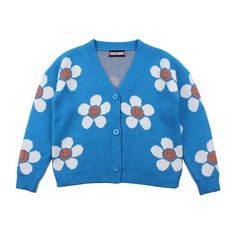 Smiley Sun Flower Blue Knit Sweater Cardigan sold by Tony Moly Store on Storenvy Winter Floral Print Knit Cardigan, Winter Floral Print V-neck Outerwear, Casual Blue Acrylic Outerwear, Light Blue Knitted Cardigan For Fall, Fall Light Blue Knitted Cardigan, Light Blue Long Sleeve Sweater For Spring, Light Blue Long Sleeve Spring Sweater, Blue Long Sleeve Acrylic Outerwear, Blue Acrylic Outerwear For Fall