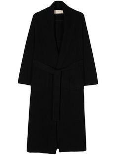 black cashmere shawl lapels belted waist long sleeves two side patch pockets straight hem below-knee length Cashmere Shawl, Coat Black, Cashmere Coat, Fashion Story, Outerwear Coats, Outerwear Women, Black Coat, Fashion Inspo Outfits, Shawl