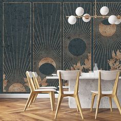 a dining room with two chairs and a table in front of an art deco wall