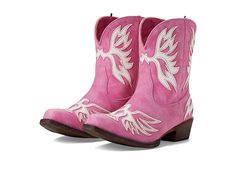 Roper Amelia - Cowboy Boots : Pink : Get into the spirit of the Southwest with the classic style of the Amelia boot from Roper. Synthetic leather upper. Features faux leather overlays with intricate stitching detail. Pull-on boot with side pull loop for easier entry. Soft man-made lining for a comfortable fit and feel. Cushioned man-made insole for all-day comfort. Snip toe. Western fashion heel. Lightweight synthetic outsole with rubber heel cap for added traction. Imported. Measurements: Heel Pink Boots, Western Booties, Heel Caps, Pull On Boots, Fashion Heels, Rubber Heels, Synthetic Leather, Product Reviews, Western Fashion