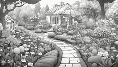 a black and white drawing of a house in the middle of a garden with flowers