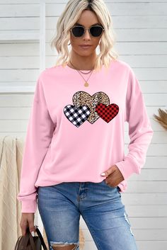 Pink Plaid Leopard Hearts Print Drop Sleeve Pullover Sweatshirt Oversized Long Sleeve Top With Heart Graphic, Cute Heart Graphic Tops For Fall, Cute Fall Tops With Heart Graphic, Oversized Heart Print Casual Tops, Casual Oversized Heart Print Tops, Spring Sweater With Heart Print, Long Sleeve Tops With Heart Print For Spring, Trendy Long Sleeve Top With Heart Print, Cute Heart Print Tops For Winter