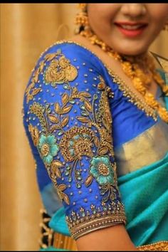 Size  Small      32-34 Medium 34-36 Large     38-40 Xl             40-42 XXL.        44-46 Product Details  Maggam work on Blue Rawsilk blouse  ( can be customized in other colours)  with all over hand embroidery , beads , stones , zardozi , resham in gold and detailing on front and back. Heavy back aari work blouse.  🧵Front: Deep neck with all around embroidery. Front open hooks.. 🧵Closure: Deep back neck with back tie up detailing.  🧵Can be mixed matched with a wide range of sarees 🧵Size refers to circumference around the fullest part of the bust 🧵Estimated Dispatch time: 7 to 15 working days. Contact us if it's an urgent order. Traditional Saree Blouse Designs, डिजाइनर कपड़े, Latest Bridal Blouse Designs, Sari Design, Maggam Work Designs, Traditional Blouse Designs, Latest Model Blouse Designs, Blouse Design Images, Cutwork Blouse Designs