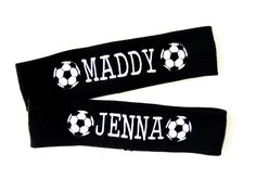 two black headbands with soccer balls on them that say,'maddy jennya '