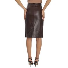 The luxurious Mahogany High-waist Tailored Lambskin Pencil Skirt crafts a flattering silhouette accentuating curves. Crafted from supple lambskin in a rich mahogany shade, the high-waist tailored pencil skirt sculpts the figure whilst the rear vent allows freedom of movement. Its luxurious lambskin exterior and crisp viscose lining combine sophistication with comfort perfect for all-day wear. With its back zip and figure-flattering design, this Italian-made skirt brings instant polish to any occ Classic High-waist Skirt For Fall, Brown Lined Skirt For Workwear, Classic High Waist Skirt For Fall, Brown Lined Skirt Bottoms For Workwear, Formal Brown Lined Skirt, Brown Lined Skirt For Formal Occasions, Brown Midi Skirt For Work, Elegant Brown Skirt For Workwear, Chic Brown Knee-length Bottoms