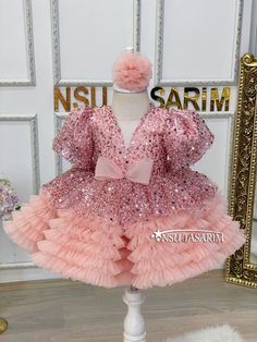 Elegant Pink Ball Gown For Dress-up, Elegant Pink Pageant Dress For Party, Elegant Pink Gown For Dress-up, Elegant Pink Princess Dress For Pageant, Elegant Pink Princess Dress For Pageants, Princess Style Pink Ball Gown For Baptism, Pink Ruffled Ball Gown For Birthday, Elegant Pink Gown For Baptism, Pink Tulle Dress For Baptism