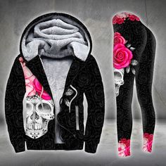 Pink Skull Flower On Dark Legging and Hoodie Set Skull Outfit, Blue Skull, Skull Flower, Blue Skulls, Skull Clothing, Pink Skull, Skull Hoodie, Cerulean Blue, Flower Blue