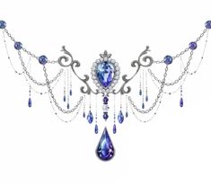 an elaborate necklace with blue beads and crystals on it's sides, hanging from a chain