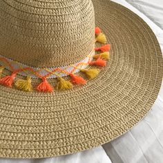 Super Cute Sun Hat! The Tassels Add A Nice Pop Of Color And Pair Well With Other Summer Colors. The Brim Is Relaxed But Sturdy Enough To Provide Protection From The Sun Without Limiting Your View. 100% Paper - Tags Attached - Very Light Creasing From Being Shipped. Orange Summer Straw Hat For Vacation, Orange Straw Hat For Summer Vacation, Orange Straw Hat For Summer Beach, Orange Straw Hat For Beach In Summer, Orange Straw Hat For Spring Vacation, Yellow Wide Brim Hat For Beach Season, Spring Vacation Orange Straw Hat, Bohemian Orange Sun Hat For Beach, Bohemian Orange Sun Hat For Spring