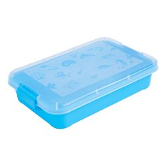 a plastic container with blue lid and sea animals on it