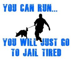 a man running with his dog on a leash that says, you can run you will just go to jail tired