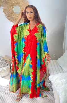 This lightweight kaftan dress  is perfect for lounging by a poolside or just to  throw on to wear all day. Red Long Sleeve Dress For Beach Cover-up, Red Long Sleeve Maxi Dress For Beach Cover-up, Multicolor Tunic Dress For Eid, Multicolor Long Sleeve Tunic For Beach Cover-up, Multicolor Flowy Long Kaftan, Flowy Long Maxi Dress For Eid, Festive Long Flowy Kaftan, Flowy V-neck Dresses For Eid, Flowy Maxi Length Kaftan For Eid