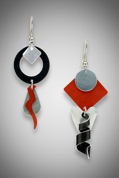 Fanciful Forms Earrings by Sylvi Harwin (Aluminum Earrings) | Artful Home Enamelled Jewellery, Enameling Jewelry, Shrink Plastic Jewelry, Aluminum Earrings, Aluminum Jewelry, Abstract Earrings, Jewelry Drawing, Unusual Earrings, Artful Home