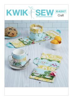 the cover of kwik sew magazine features teacups, plates and napkins