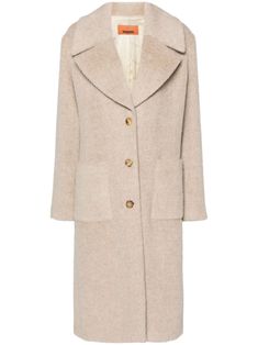 sand beige alpaca wool-blend textured finish notched lapels long sleeves two front patch pockets straight hem logo-jacquard lining front button fastening Structured Beige Business Outerwear, Luxury Beige Single Breasted Outerwear, Luxury Beige Single-breasted Outerwear, Beige Long Wool Coat With Concealed Placket, Beige Single Breasted Wool Coat, Beige Single-breasted Wool Coat, Chic Beige Blazer With Patch Pockets, Cream Outerwear With Single Button And Lapel Collar, Cream Notch Lapel Outerwear With Single Button