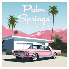 a pink car is parked in front of a building with palm trees and mountains behind it