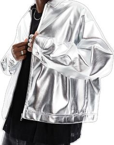 Metallic Winter Outerwear For Streetwear, Metallic Winter Streetwear Outerwear, Metallic Outerwear For Winter Streetwear, Silver Winter Outerwear For Streetwear, Trendy Metallic Outerwear For Streetwear, Trendy Metallic Shiny Outerwear, Trendy Silver Long Sleeve Outerwear, Silver Long Sleeve Outerwear For Spring, Metallic Long Sleeve Outerwear For Streetwear