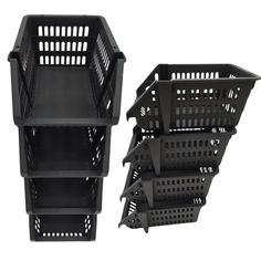 three black plastic baskets stacked on top of each other with holes in the bottom and sides