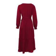 Burgundy Ruffled Hem V Neck Long Sleeve Casual Dress Fall Ruffled Solid Maxi Dress, Fall Solid Color Ruffled Maxi Dress, Fall Maxi Dress With Ruffles, Fall Solid Color Maxi Dress With Ruffles, Winter Long Sleeve Maxi Dress With Ruffles, Solid Long Sleeve Midi Dress With Ruffle Hem, Fall Ruffled Maxi Dress For Brunch, Fall Solid Maxi Dress With Ruffle Hem, Fall Maxi Dress With Ruffle Hem