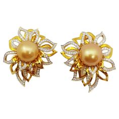 Golden South Sea Pearls, 18k Gold Earrings, Sea Pearl, South Seas, Earrings Small, South Sea Pearls, Sea Pearls, Diamond Flower, Pearl Diamond