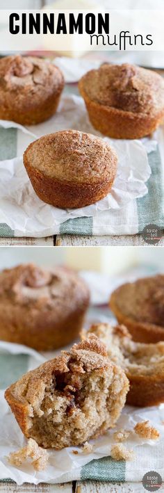 cinnamon muffins are sitting on top of white paper and one is cut in half