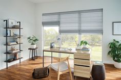 a room with a desk, chair and bookshelf next to a large window