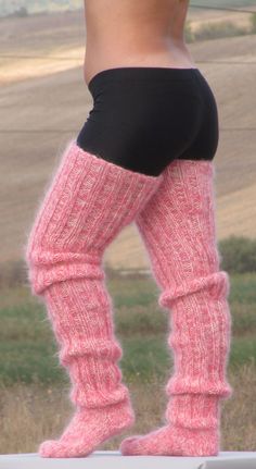 HAND KNITTED STOCKINGS / HUGE  UNISEX  SOCKS ### DESIGNED & CREATED by Giorgio Qualitat ### Product Specification: §  Color:          Cream & Dark pink melange; §  Style:          Hand knitted ribbed mohair stockings; §  Material:     2 strands premium class longhair mohair; Size & Measurements: §  Length from heel to upper end: 46.8 " / 119 cm; §  Circumference at the upper end:     16.5 '' / 42 cm §  Length from toe to heel: 11.8 ''  / 30 cm §  Net weight: 524 g* Cozy Knitted Winter Stockings, Fitted Pink Knee-high Socks For Winter, Fitted Pink Knee-high Winter Socks, Comfortable Soft Thigh High Leg Warmers, Casual Knitted Leg Warmers, Trendy Pink Knee-high Socks For Winter, Pink Stretch Knee-high Socks, Comfortable Stretch Pink Knee-high Socks, Comfortable Knitted Leg Warmers