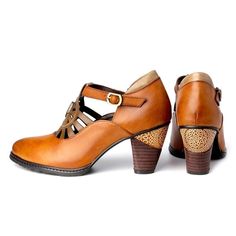 With a round-toe design, buckle strap, and a retro style, these medium-high shoes will take you to new heights. Specs: Retro style Round toe Hoof heels Buckle strap Material: Genuine leather, rubber, PU Brown Heels With Buckle Closure And Round Toe, High Heel Mary Janes With Heel Strap For Fall, Brown Low Heel Heels With Buckle Closure, Brown Leather High Heel Mary Janes, Brown Closed Toe Mary Janes With Heel Strap, Retro High Heel Mary Janes With Buckle Closure, Retro High Heel Mary Janes With Buckle, Vintage Ankle Strap Heels For Fall, Retro High Heel Leather Mary Janes