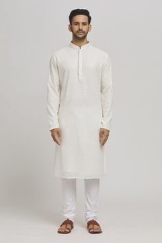 White cotton kurta with sequins and thread embroidery. Comes with churidar. - Aza Fashions White Resham Embroidered Kurta For Ceremony, Cotton Silk Sherwani With Chikankari Embroidery For Puja, Eid Churidar With Chikankari Embroidery For Puja, Eid Chikankari Embroidery Churidar For Puja, Eid Puja Churidar With Chikankari Embroidery, V-neck Cotton Kurta With Resham Embroidery, White Resham Embroidery Floor-length Kurta, White Resham Embroidered Straight Kurta Fabric, White Semi-stitched Cotton Kurta