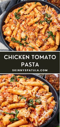 chicken tomato pasta in a skillet with cheese and spinach on top, next to the