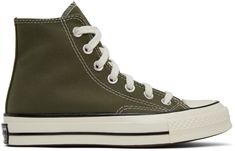 High-top canvas sneakers in khaki. · Round rubber cap toe · Lace-up closure · Faux-leather logo patch bonded at inner side · Rubber midsole in off-white · Treaded rubber outsole in brown Supplier color: Utility/Egret/Black Khaki Canvas Sneakers With Rubber Sole, Khaki Lace-up High-top Sneakers With Rubber Sole, Khaki High-top Sneakers With Rubber Sole, Khaki Sneakers With Vulcanized Sole For Streetwear, Khaki Sneakers For Streetwear With Vulcanized Sole, Khaki Canvas Low-top Sneakers, Khaki Low-top Canvas Sneakers, Khaki Lace-up High-top Sneakers For Streetwear, Khaki Lace-up Canvas Sneakers