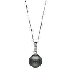 14K White or Yellow Gold pendant with Diamond-0.10ctw. and Tahitian Cultured Pearl Round Shaped 8-8.5mm. - 14K gold - Diamond-0.10ctw. - Tahitian Cultured Pearls Round Shaped 8-9mm. White Gold Tahitian Pearl Jewelry With Diamond Accents, Tahitian Pearl White Gold Jewelry With Diamond Accents, Fine Jewelry With Tahitian Pearl And Diamond Accents, White Gold Jewelry With Brilliant Cut Tahitian Pearl, Tahitian Pearl Jewelry With Brilliant Cut, Classic Tahitian Pearl Pendant Jewelry, South Sea Pearl Necklace, South Sea Pearls, Yellow Gold Pendants