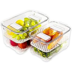 three plastic containers filled with fruits and vegetables