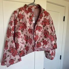 This Jacket Is Like New. Light Weight. Only Worn For A Couple Hours! Pink Bohemian Outerwear With Floral Embroidery, Festive Pink Floral Embroidered Outerwear, Pink Embroidered Bohemian Outerwear, Lount Pink Retro Velvet Jacket, Luxury Pink Embroidered Outerwear, Crop Jacket, Like New, Jackets & Coats, Jackets For Women