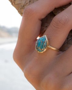 Lia Copper Turquoise Tear Drop Ring ~  18k Gold Plated ~ MR122A Gold And Turquoise Ring, Annie Cresta, Gem Stones Jewelry, Expensive Jewellery, Real Turquoise Jewelry, Collar Rosa, Silver Smithing, Drop Ring, Turquoise Gold Ring