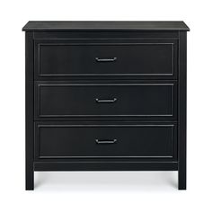 a black night stand with three drawers and two pulls on the bottom drawer, in front of a white background