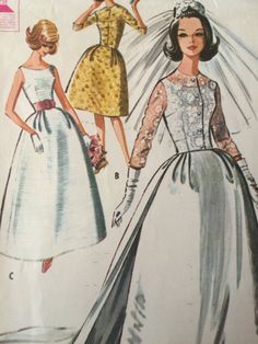 Sleeveless dress with dart fitted, lined bodice and two-gore skirt, in choice of two lengths, with pleats at side back and side front. Dress has lightly scooped neckline. Skirt lining of interfacing fabric and corded piping are included in waistline seam; left side zipper. Detachable train for longer dress is self faced and pleated and made on interfaced, contour waistband witch is hooked at left side. Lined, single breasted jacket has three-quarter length set-in sleeves. When not made of lace, Sleeveless Wedding Dress With Princess Seams, Classic Full Skirt Wedding Dress, Box Pleat Full Skirt Wedding Dress, Retro Wedding Dress With Lined Bodice, Fitted Box Pleat Dress For Wedding, Classic Lined Wedding Dress, Lined Full Skirt Dress For Wedding, Girls Pajamas Pattern, Elegant Wedding Gown