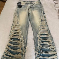 Very Cool Distressed Jeans - Never Worn - Wrong Size Was Ordered. Length Is 41.5” From Waist. Custom Distressed Jeans, Mens Outdoor Fashion, Design Pants, Jackets Men Fashion, Denim Jeans Men, Outdoor Fashion, Destroyed Jeans, Jeans Men, Ripped Jeans