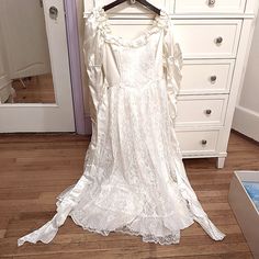 Original Vintage Stunning Satin And Lace Laura Ashley Princess Wedding Dress. Long Gorgeous Blouse Satin Sleeves, Pearl Button Closure Cuffs, Layered Petticoat To Make It A True Princess Dress Satin And Lace! Worn Once. This Dress Has Been Cleaned, Steamed, Sealed And Protected, Only Taken Out For Pictures. It Will Be Shipped To You With Love And Care. Absolutely Stunning Old World Charm And Innocence. No Tag But Should Fit 2-4 Based On Measurements: Waist Approx 14.5" Bust Approx 16" Sleeve App Vintage White Gown For Vintage Events, White Vintage Gown For Vintage Events, Vintage Lace Wedding Dress In White, White Lace Vintage Wedding Dress, Vintage White Wedding Dress For Vintage Events, White Vintage Wedding Dress For Vintage Events, White Lace Wedding Dress For Vintage Events, White Vintage Dress With Fitted Bodice For Wedding, White Vintage Dress With Fitted Bodice