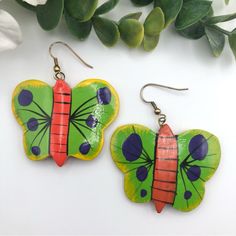 Butterfly Carved And Painted Wood Bright Colorful Dangle Pierced Earrings Lightweight Painted Yellow, Red, Blue And Green Carved Wood Butterfly Dangle Earrings On Fish Hook Ear Wires. Unsigned. Drop Length Is Approximately 2 1/2”, Width 2”. Nwot. New Without Tags With Tarnished Ear Wires. Bundle To Save. I Offer A Discount On Bundles With Discounted Or Free Shipping. Offers And Counteroffers Are Always Welcome! Fast Shipper, Smoke-Free, Kitty Friendly Home. I Ship 6 Days A Week, Excluding Sunday Butterfly Dangle Earrings, Wood Butterfly, Green Butterfly, Pierced Earrings, Painted Wood, Handmade Artisan, Carved Wood, Fish Hook, Earings Piercings