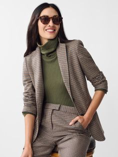 Check mate. Our single breasted blazer was inspired by our penchant for English countryside style with a signature J. McLaughlin flair. Pair with everything from silky dresses, cashmere turtlenecks, or the matching Broderick Pants - the options are endless. | J.McLaughlin Women's Bleecker Blazer in Houndstooth Light Tan/Brown/Denim, Size 2 | Denim/Wool/Polyamide Tailored Fall Business Blazer, Tailored Fall Blazer For Business, Tailored Business Blazer For Fall, Semi-formal Fall Blazer With Suit Collar, Tailored Tweed Jacket With Hidden Buttons For Fall, Elegant Houndstooth Blazer For Business Casual, Semi-formal Fall Outerwear With Suit Collar, Semi-formal Suit Collar Outerwear For Fall, Tailored Single Breasted Blazer For Fall