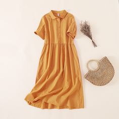 Women's Lightweigh Cotton Linen Dress Minimalist Style Casual Solid Linen Dress Cotton Dresses Summer, Doll Collar Dress, Linen Dresses Summer, Loose Midi Dress, Casual Sundress, Doll Collar, Cotton Linen Dresses, Linen Maxi Dress, Dress Shirts For Women