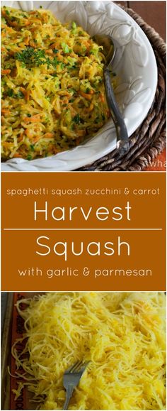 an image of some food that is in a bowl and on a plate with the words harvest squash with garlic and parmesan